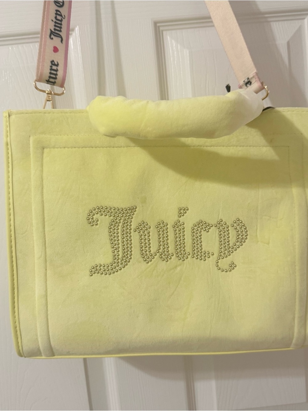 Juicy Couture Pale Yellow Velvet Tote with Studded Logo